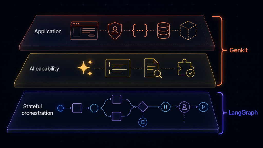 Three-layer AI system showing the application, AI capability, and stateful orchestration
