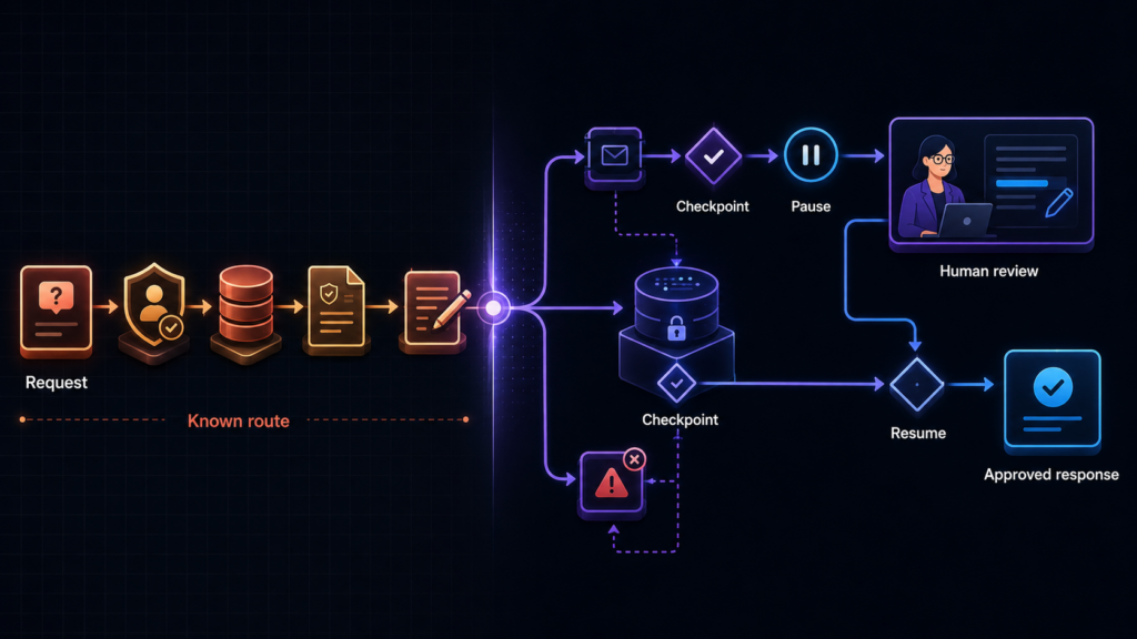 Stateful support workflow that pauses for human review and later resumes from saved state